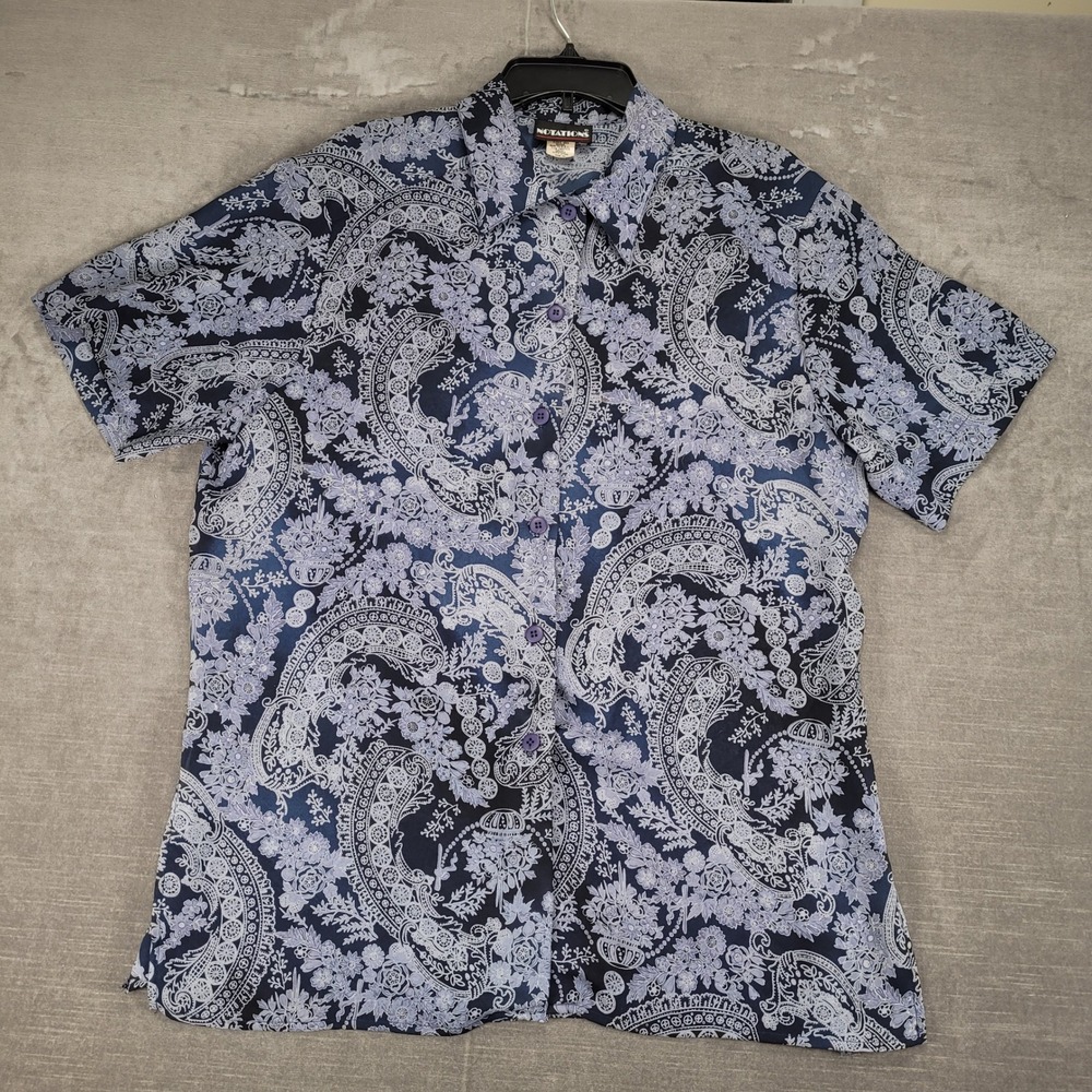 Notations Vintage Paisley Print Button Down Short Sleeve Blouse Blue Sz‎ 14 USA